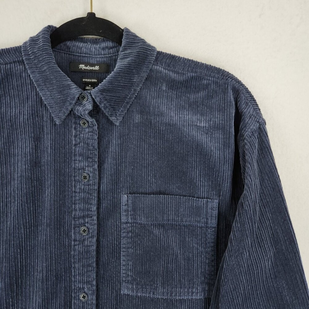 Madewell Shirt Womens Small Blue Cropped Oversized Corduroy Variegated Button Up - Picture 2 of 11